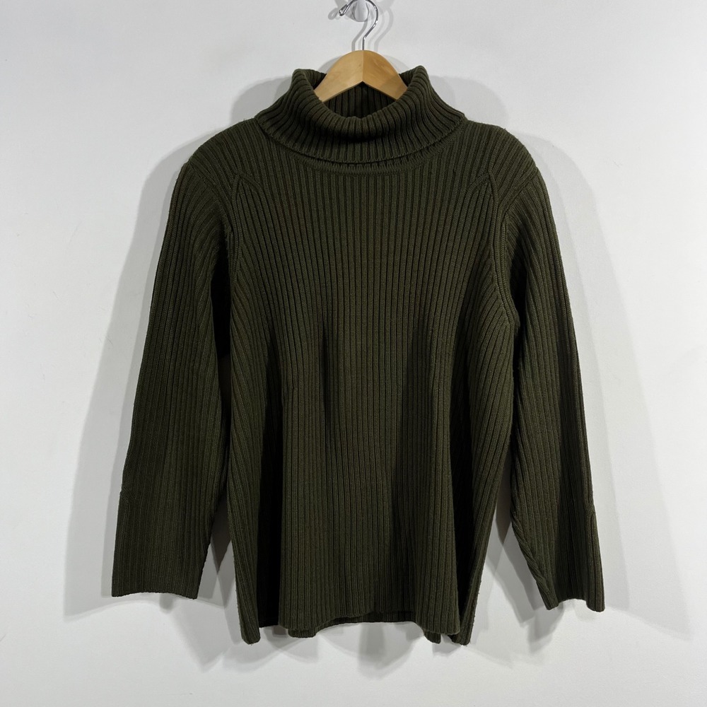 Womens Granola 90s Minimalist Olive Green Ribbed Knit Turtleneck Sweater Large